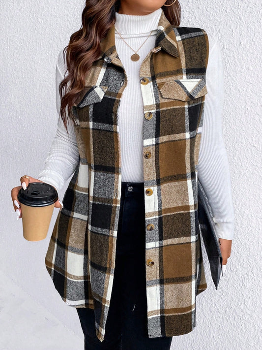 Zephariel Plus Size Pocketed Plaid Button Up Vest Coat