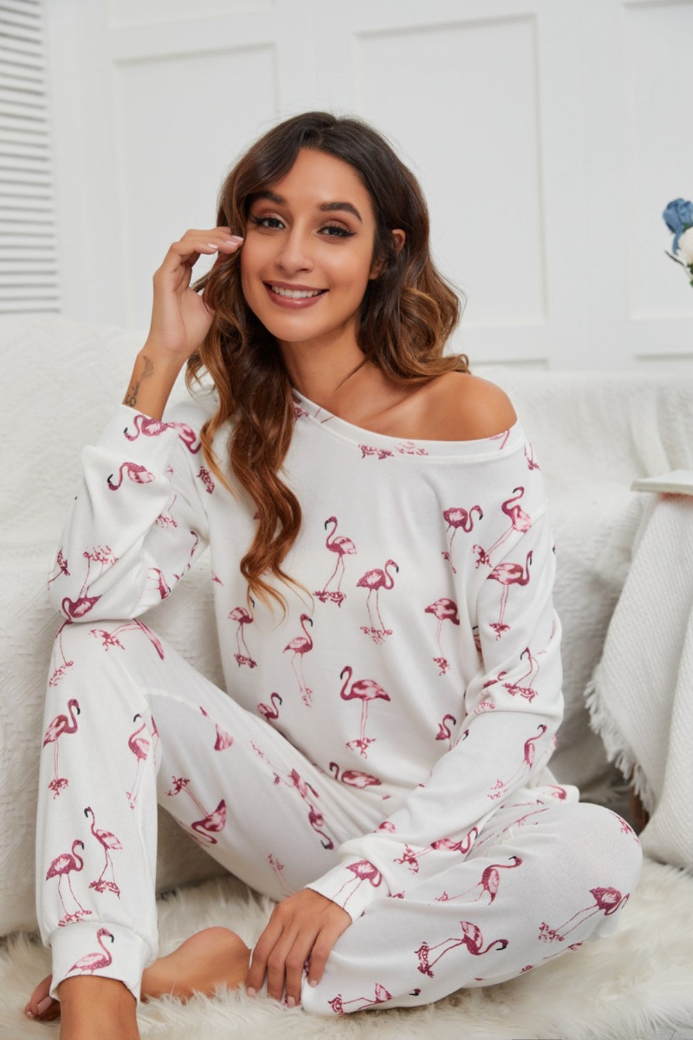 Zephariel Flamingo Long Sleeve Top and Pants Lounge Set