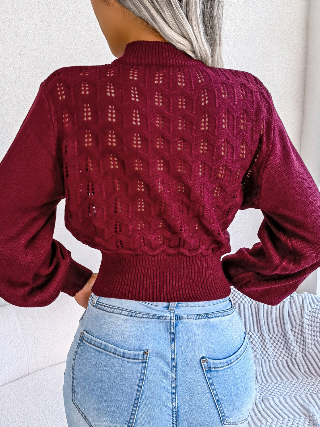 Zephariel Openwork Mock Neck Long Sleeve Cropped Sweater