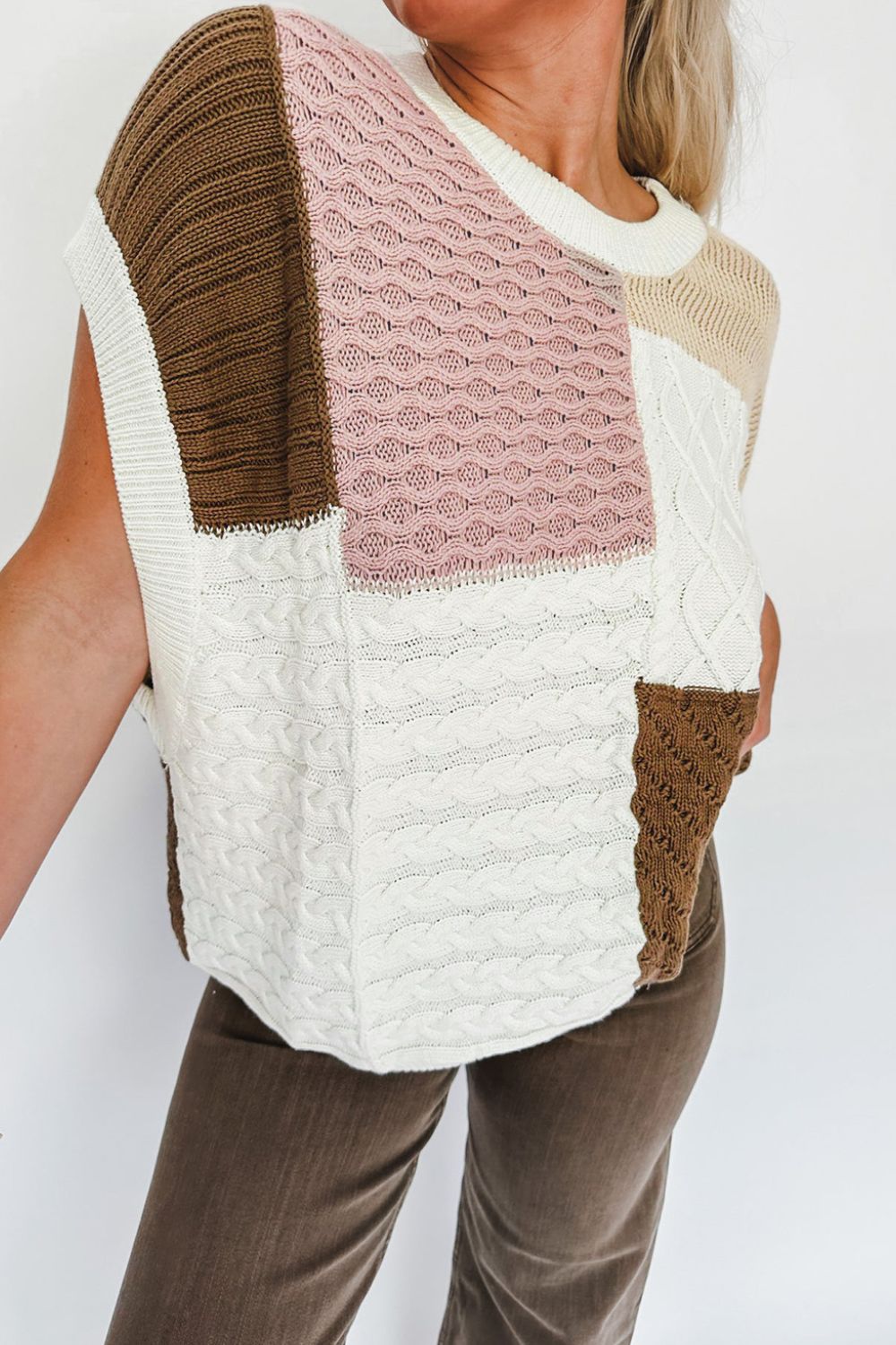 Zephariel Cable-Knit Color Block Round Neck Sweater Vest