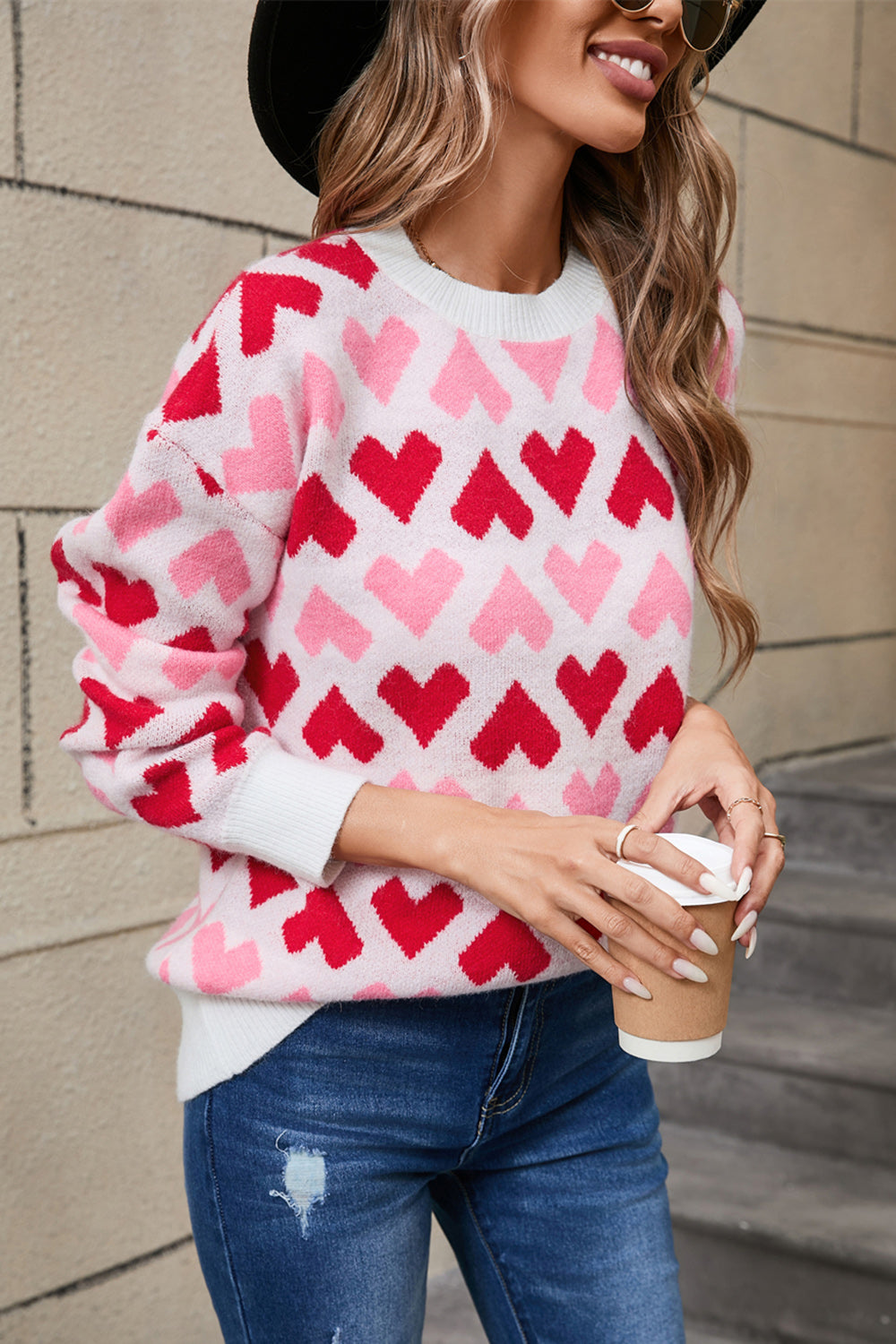 Zephariel Contrast Heart Round Neck Sweater