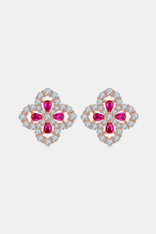 Zephariel 925 Sterling Silver Lab-Grown Ruby Flower Shape Stud Earrings