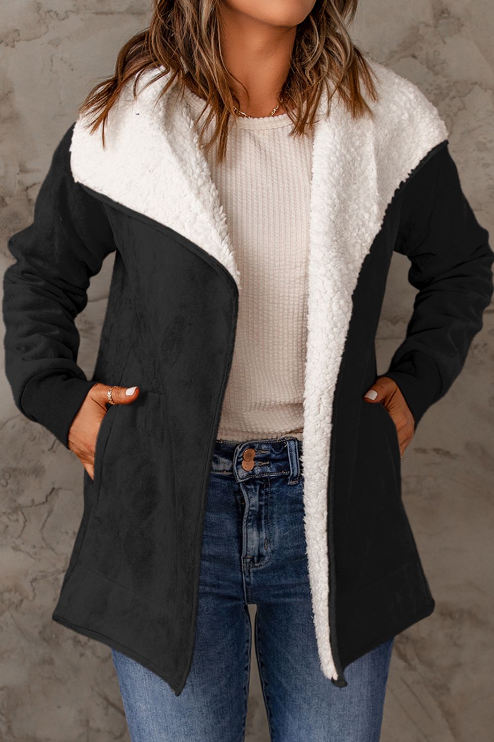 Zephariel Open Front Long Sleeve Sherpa Jacket