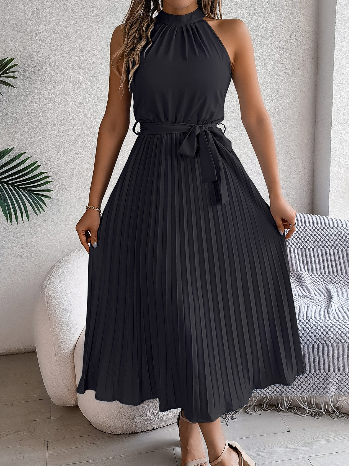 Zephariel Pleated Tie Waist Sleeveless Midi Dress