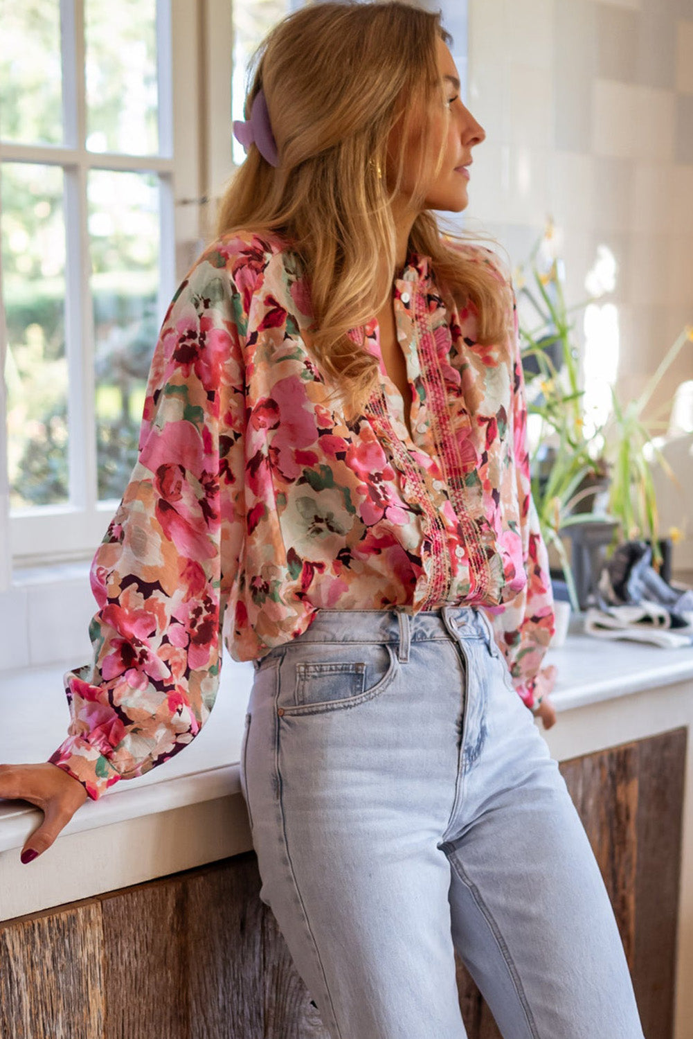 Zephariel Frill Floral Button Down Long Sleeve Shirt