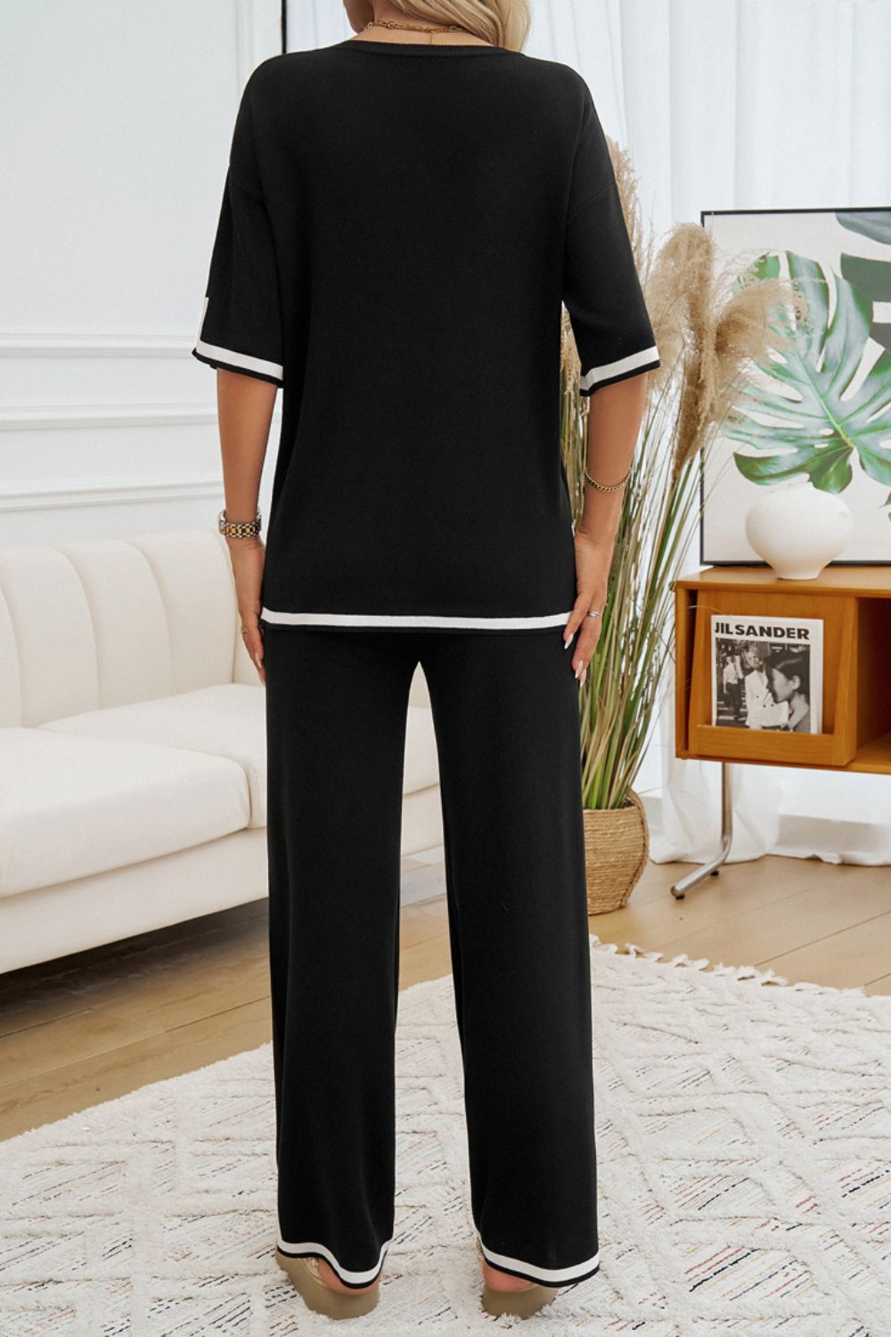 Zephariel  Contrast Trim Half Sleeve Top and Pants Set