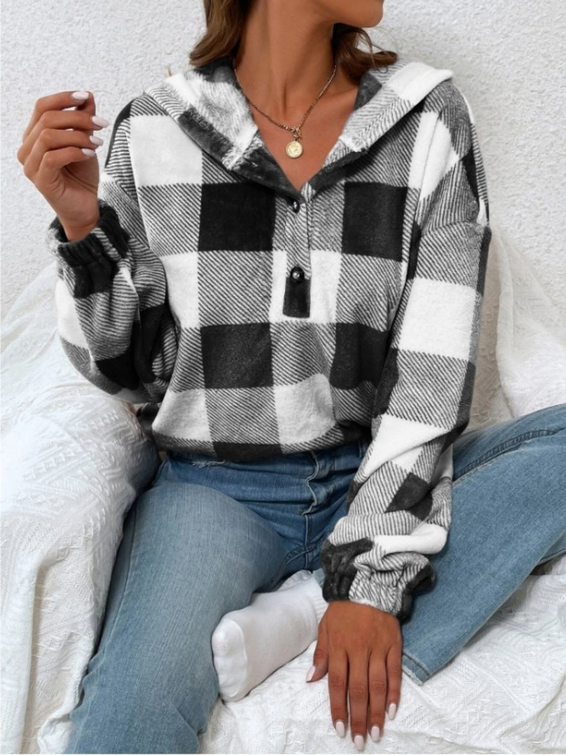 Zephariel Plaid Half Button Long Sleeve Hoodie