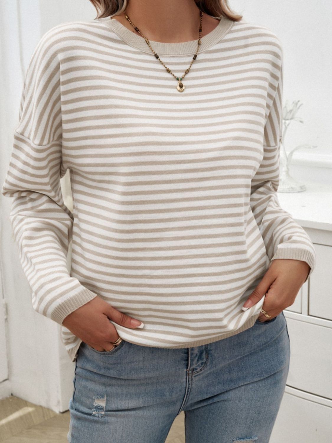 Zephariel Striped Round Neck Dropped Shoulder Sweater