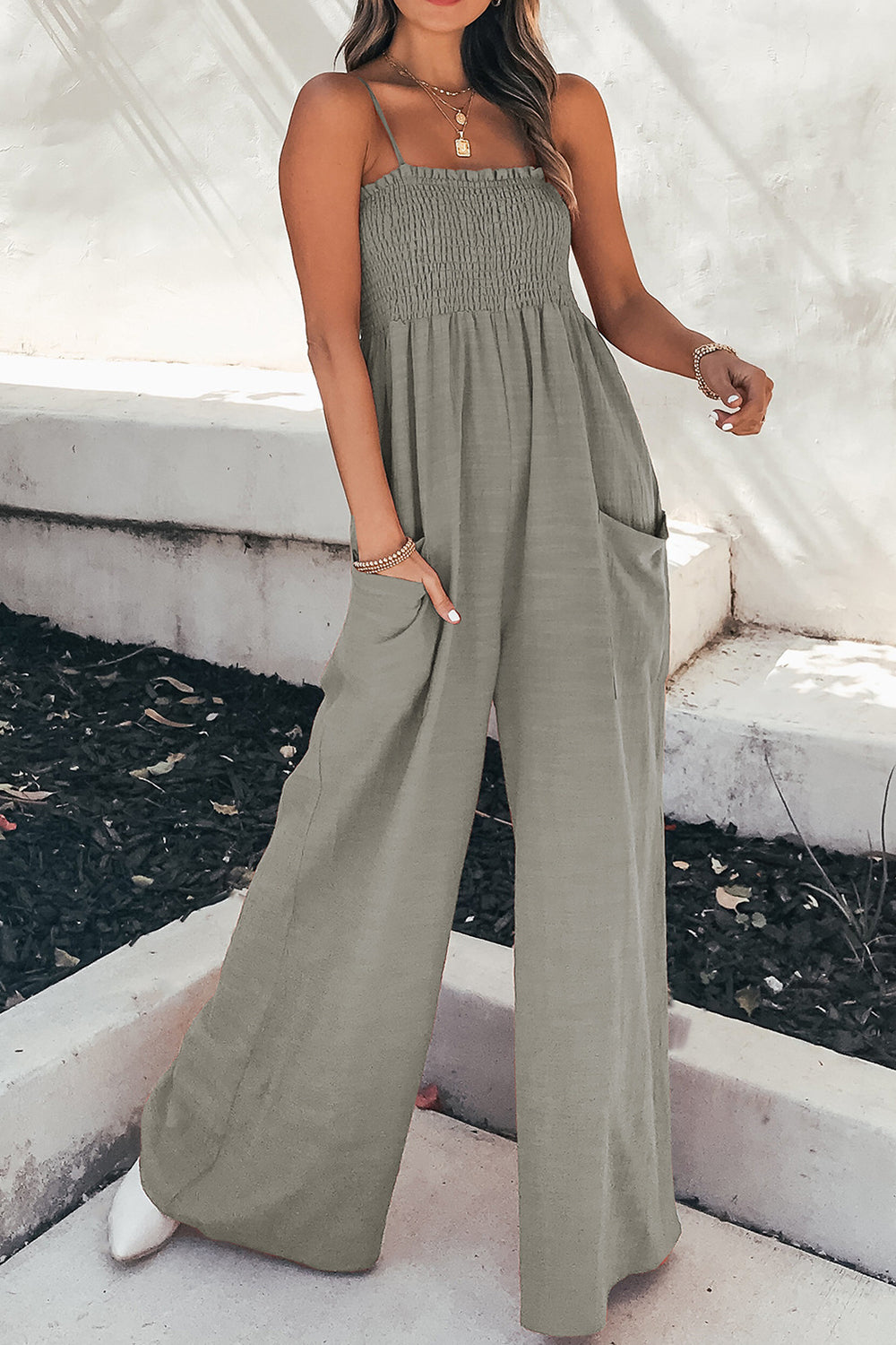 Zephariel Smocked Spaghetti Strap Wide Leg Jumpsuit