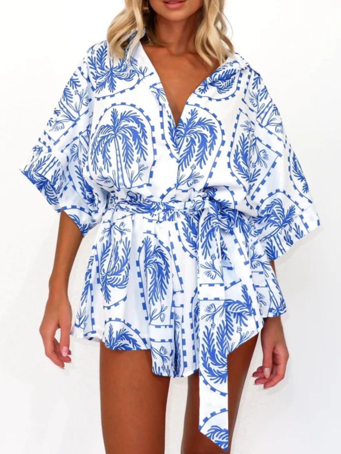 Zephariel Printed Tie Waist Half Sleeve Romper