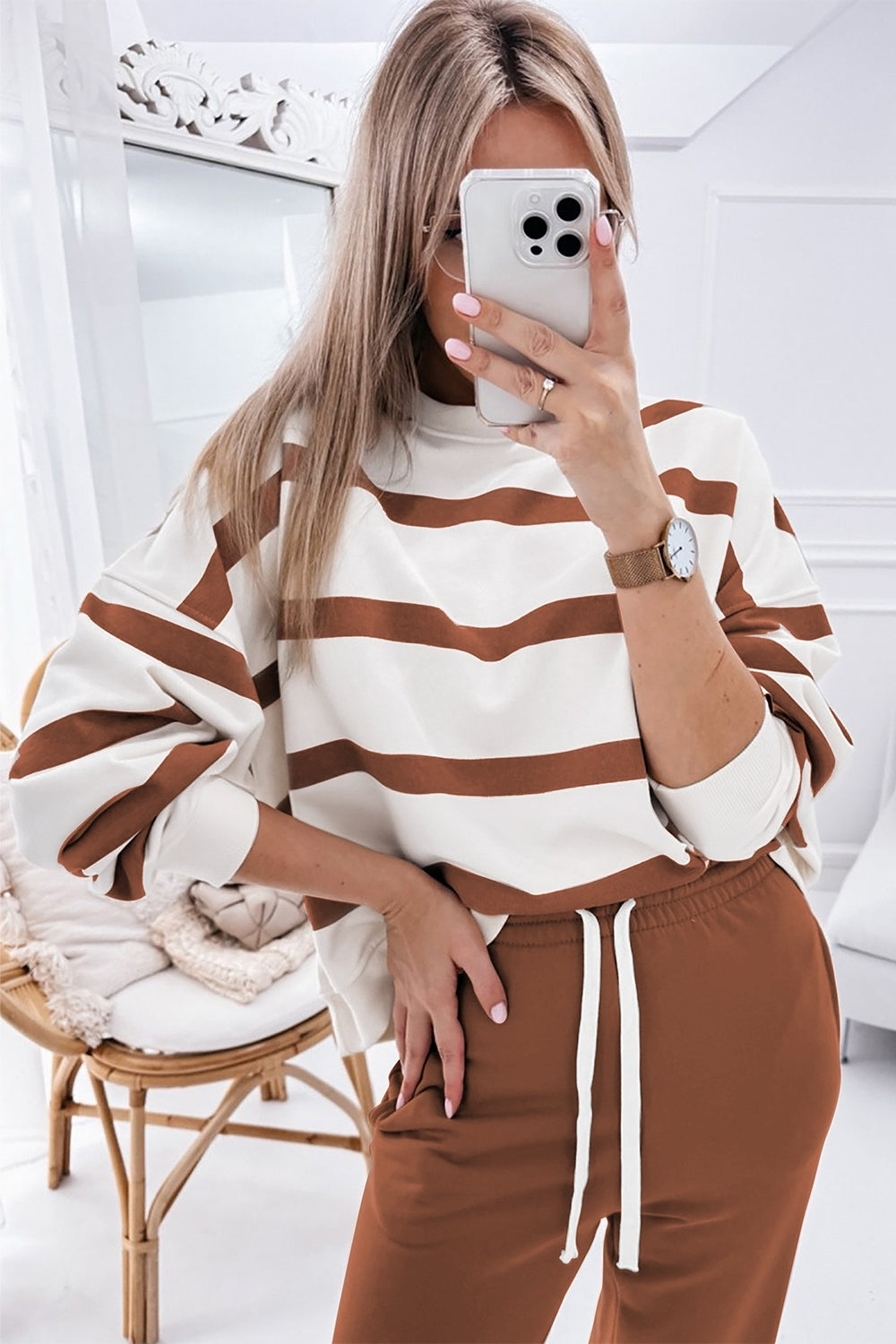 Zephariel Striped Round Neck Long Sleeve Top and Pants Set