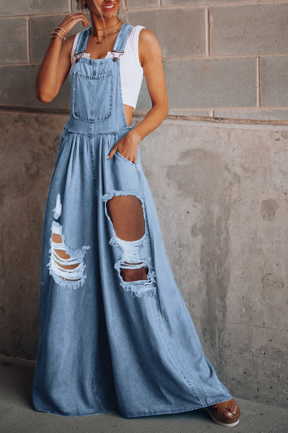 Zephariel Distressed Wide Leg Denim Overalls