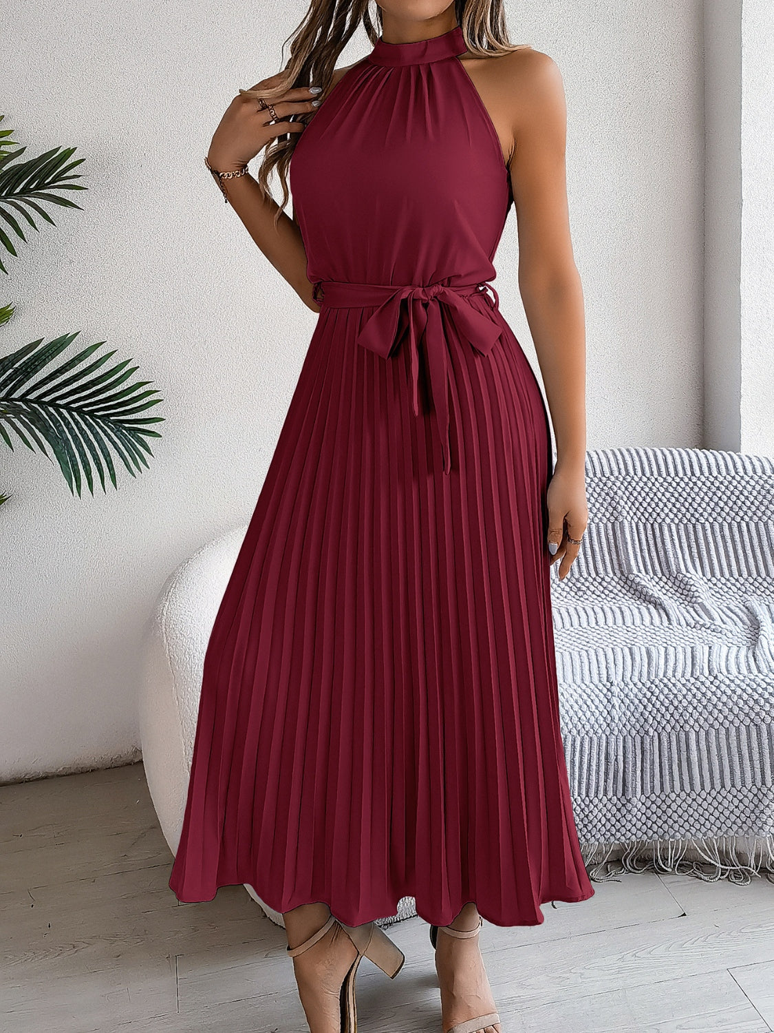 Zephariel Pleated Tie Waist Sleeveless Midi Dress