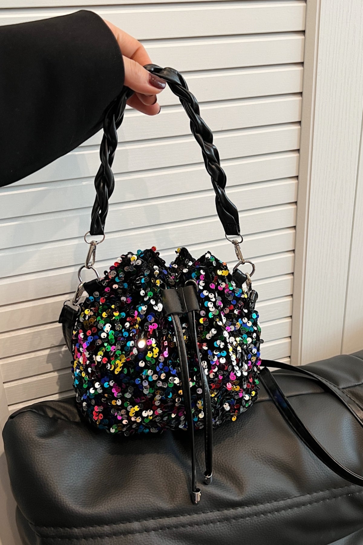 Zephariel Sequin Drawstring Bucket Bag