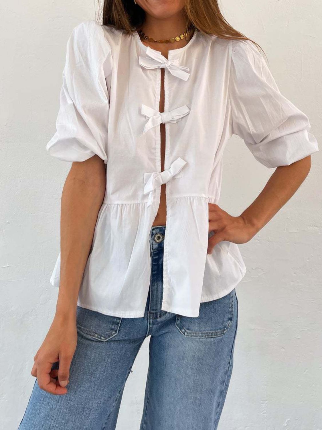 Zephariel Tied Round Neck Balloon Sleeve Shirt