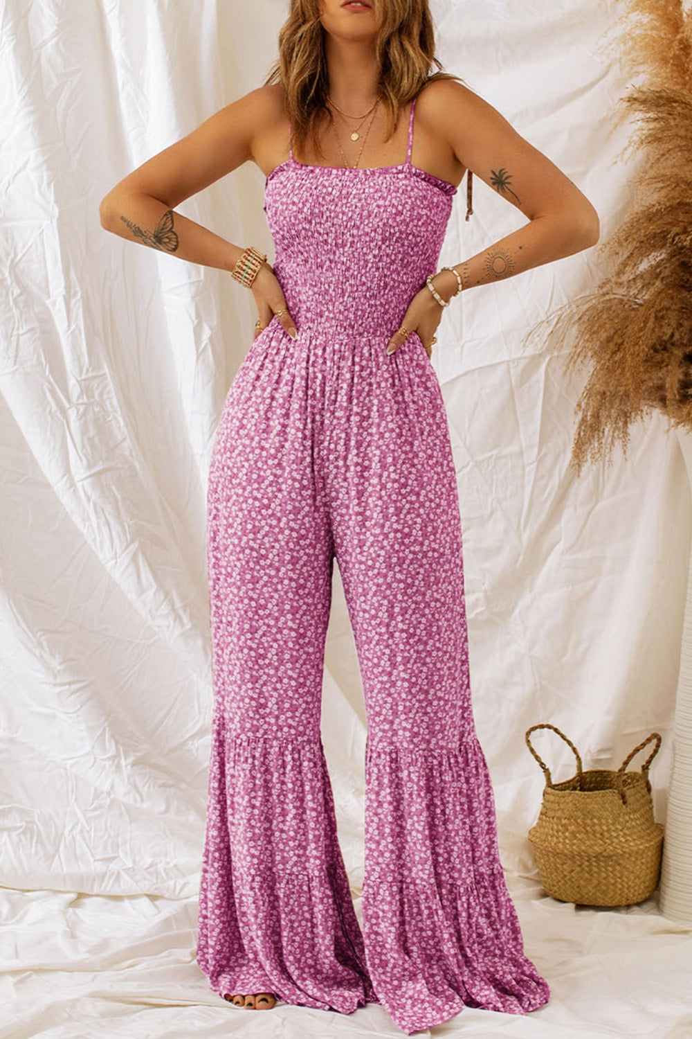 Zephariel Smocked Printed Wide Strap Jumpsuit