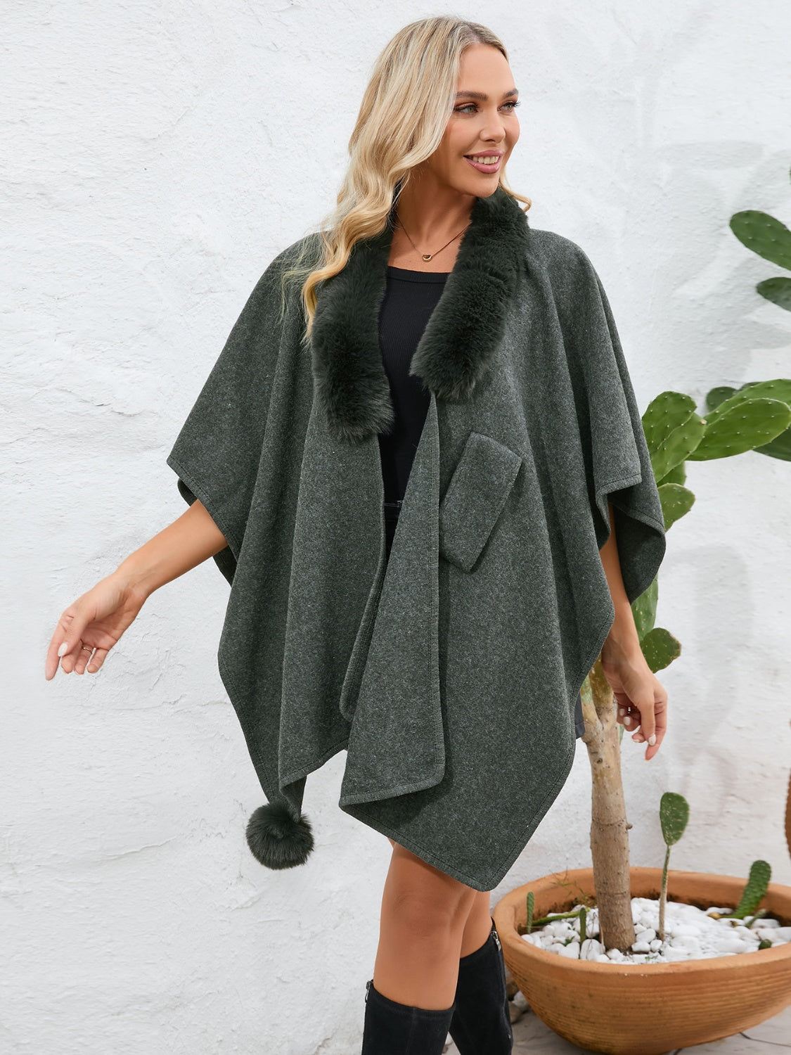 Zephariel Fuzzy Trim Open Front Poncho