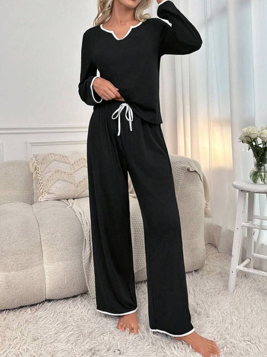 Zephariel Contrast Trim Notched Long Sleeve Top and Pants Lounge Set