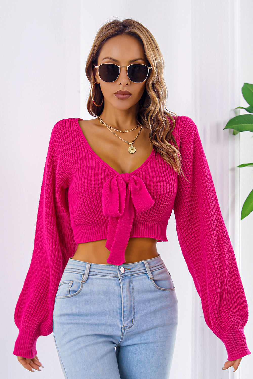 Zephariel Bow V-Neck Long Sleeve Cropped Sweater