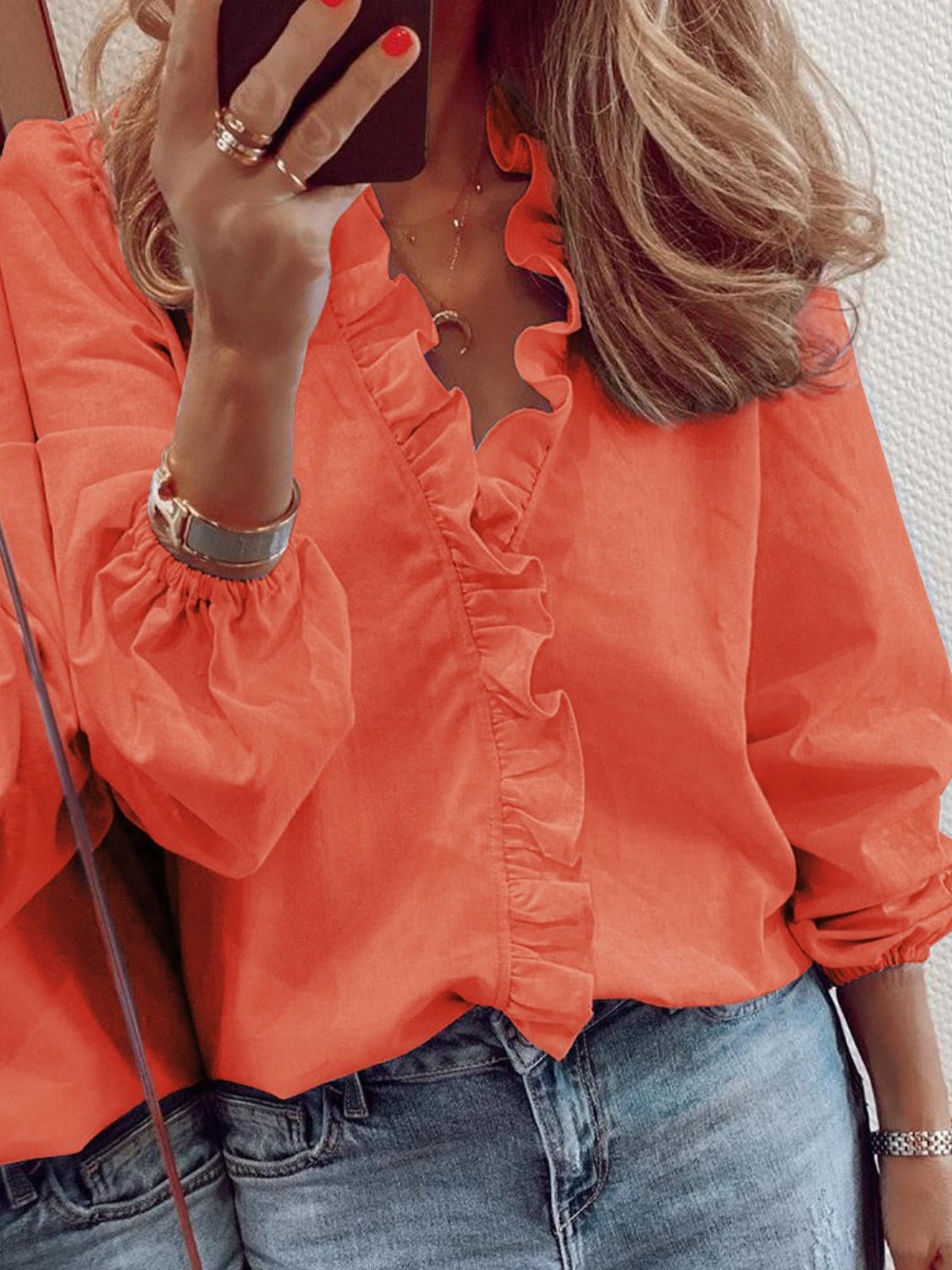 Zephariel Ruffled V-Neck Long Sleeve Blouse