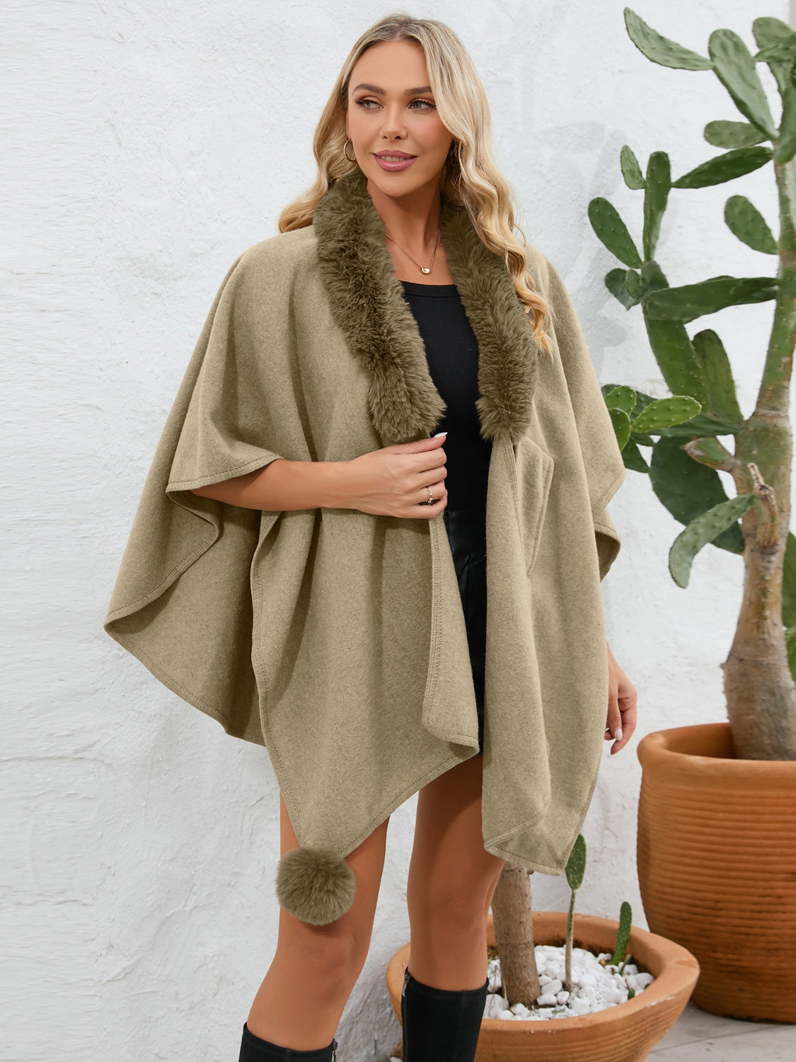 Zephariel Fuzzy Trim Open Front Poncho