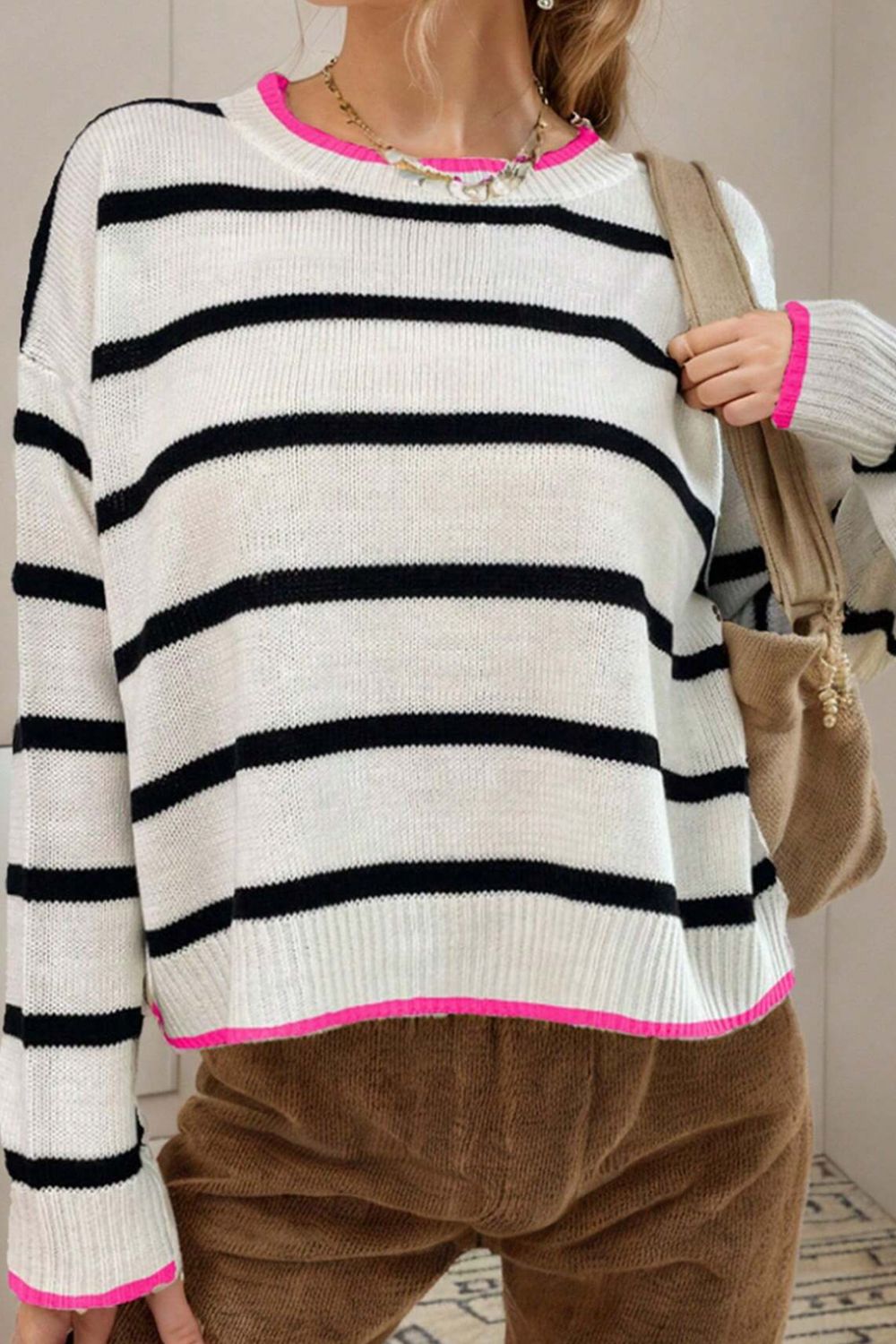 Zephariel Striped Round Neck Drop Shoulder Sweater