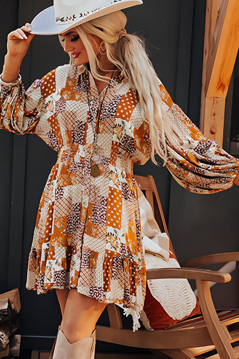 Zephariel Printed Collared Neck Three-Quarter Sleeve Mini Shirt Dress