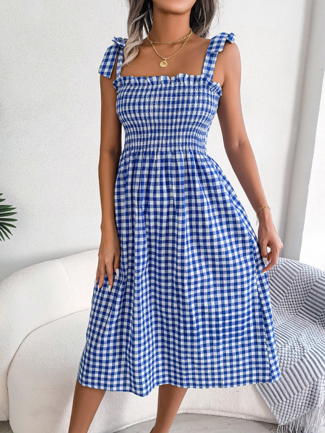 Zephariel Frill Plaid Square Neck Midi Dress