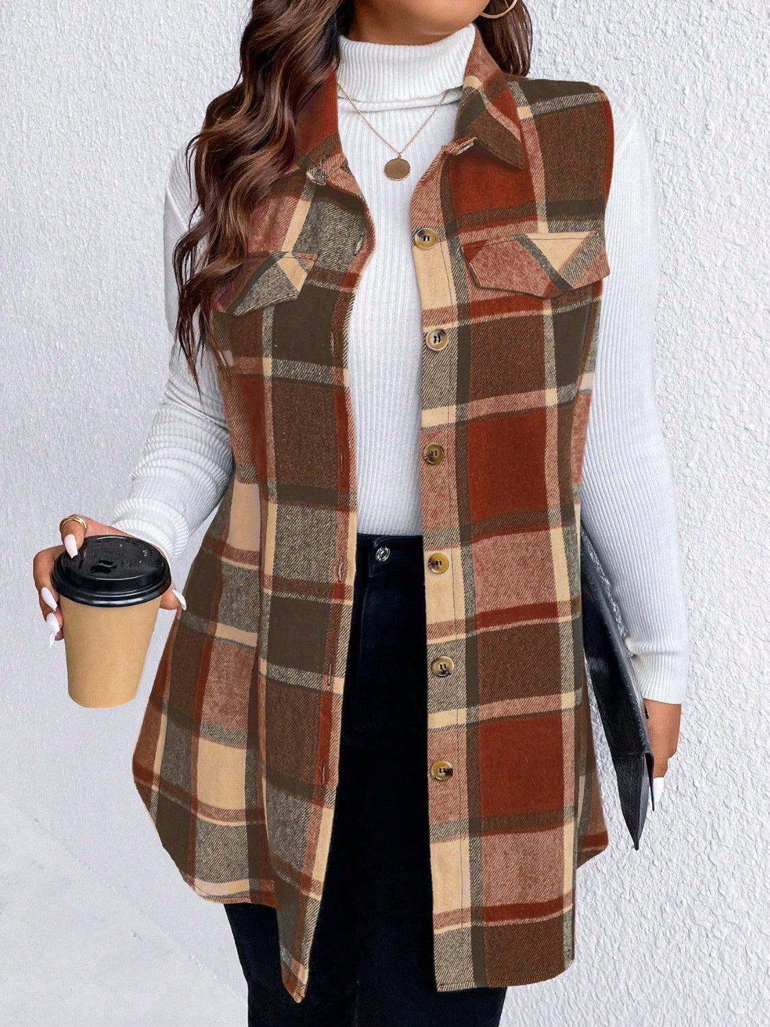 Zephariel Plus Size Pocketed Plaid Button Up Vest Coat