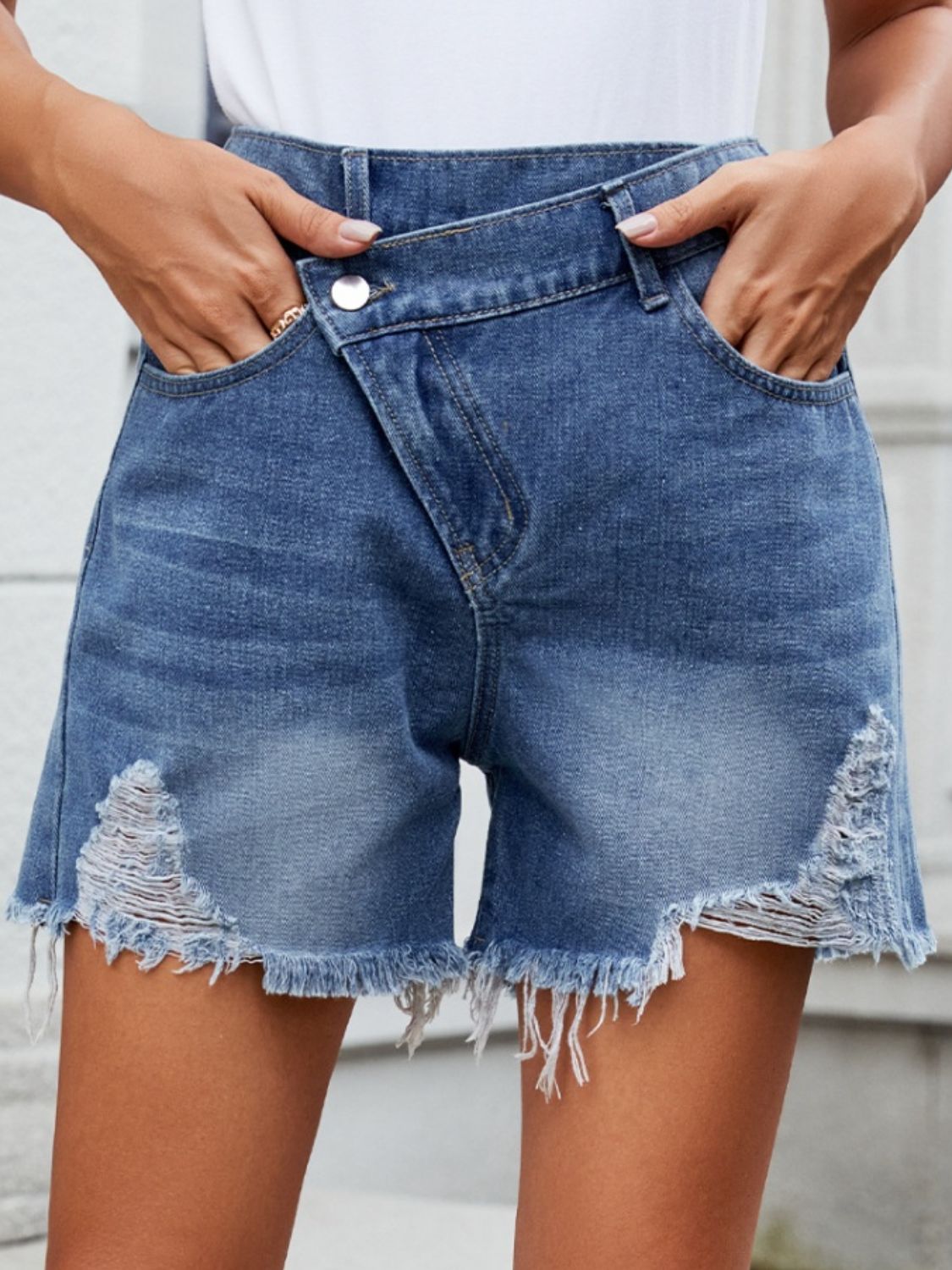 Zephariel Distressed Raw Hem Asymmetric Waist Denim Shorts