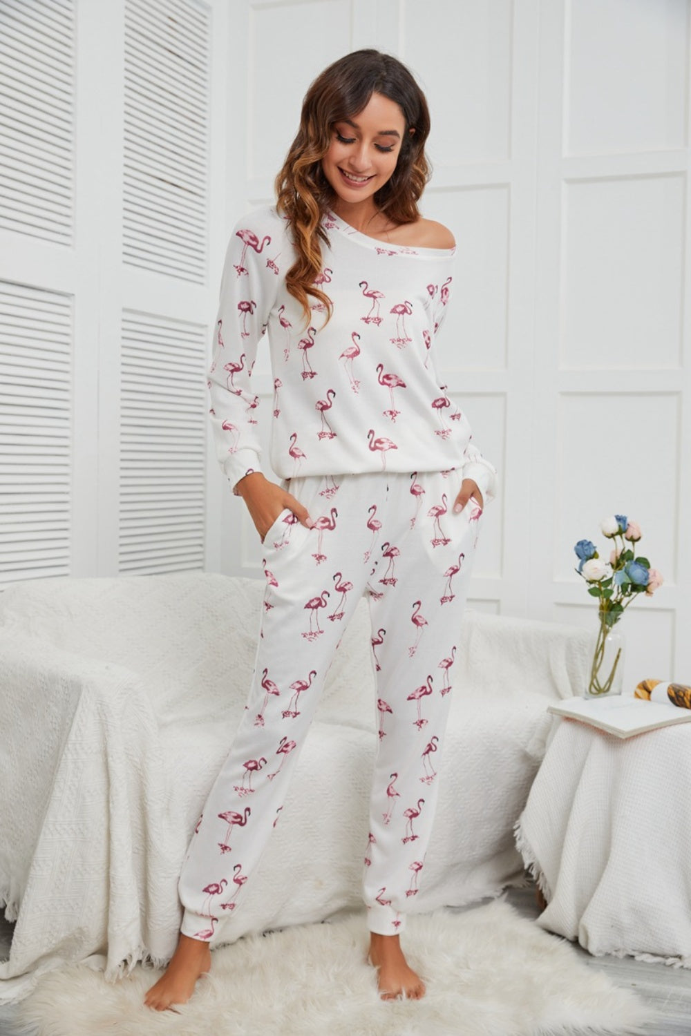 Zephariel Flamingo Long Sleeve Top and Pants Lounge Set