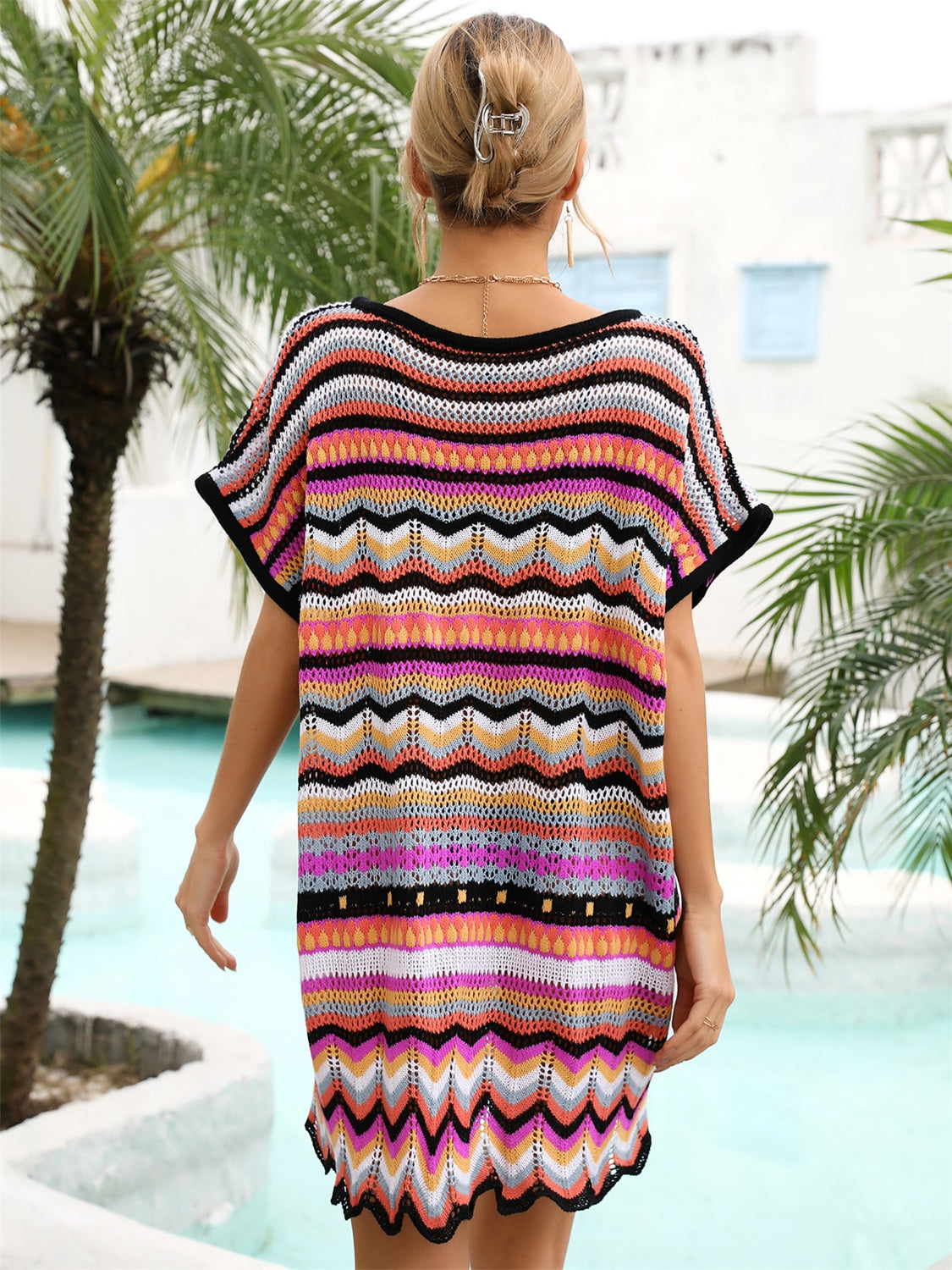 Zephariel Rainbow Stripe Scalloped V-Neck Cover-Up Dress