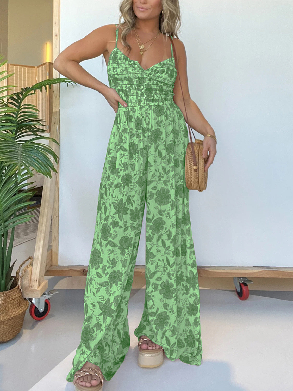 Zephariel Printed Spaghetti Strap Wide Leg Jumpsuit