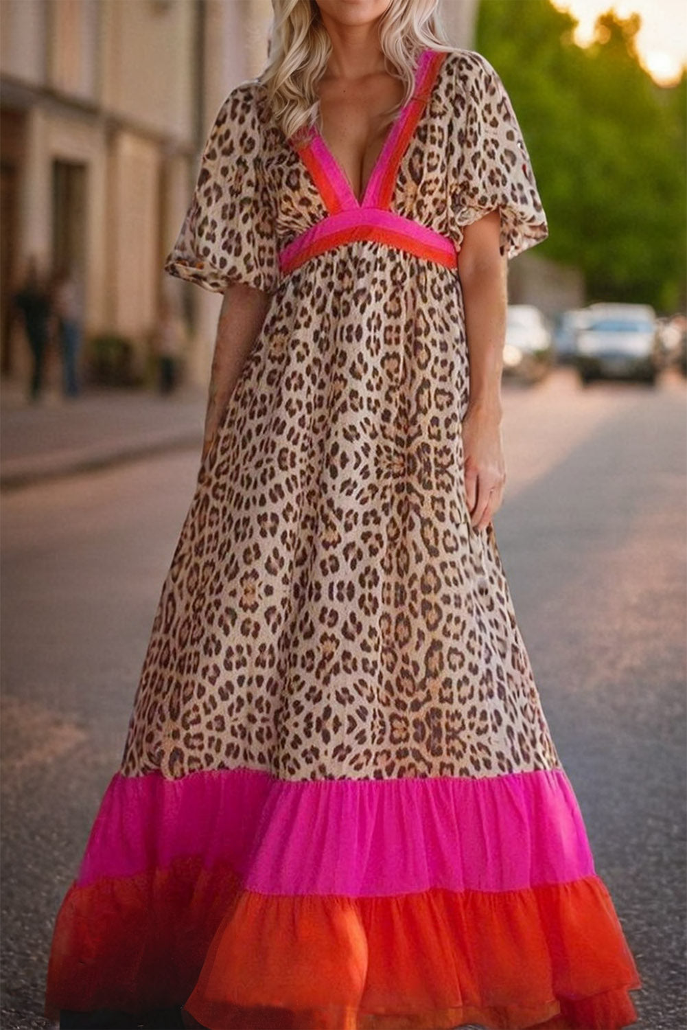 Zephariel Leopard V-Neck Half Sleeve Maxi Dress