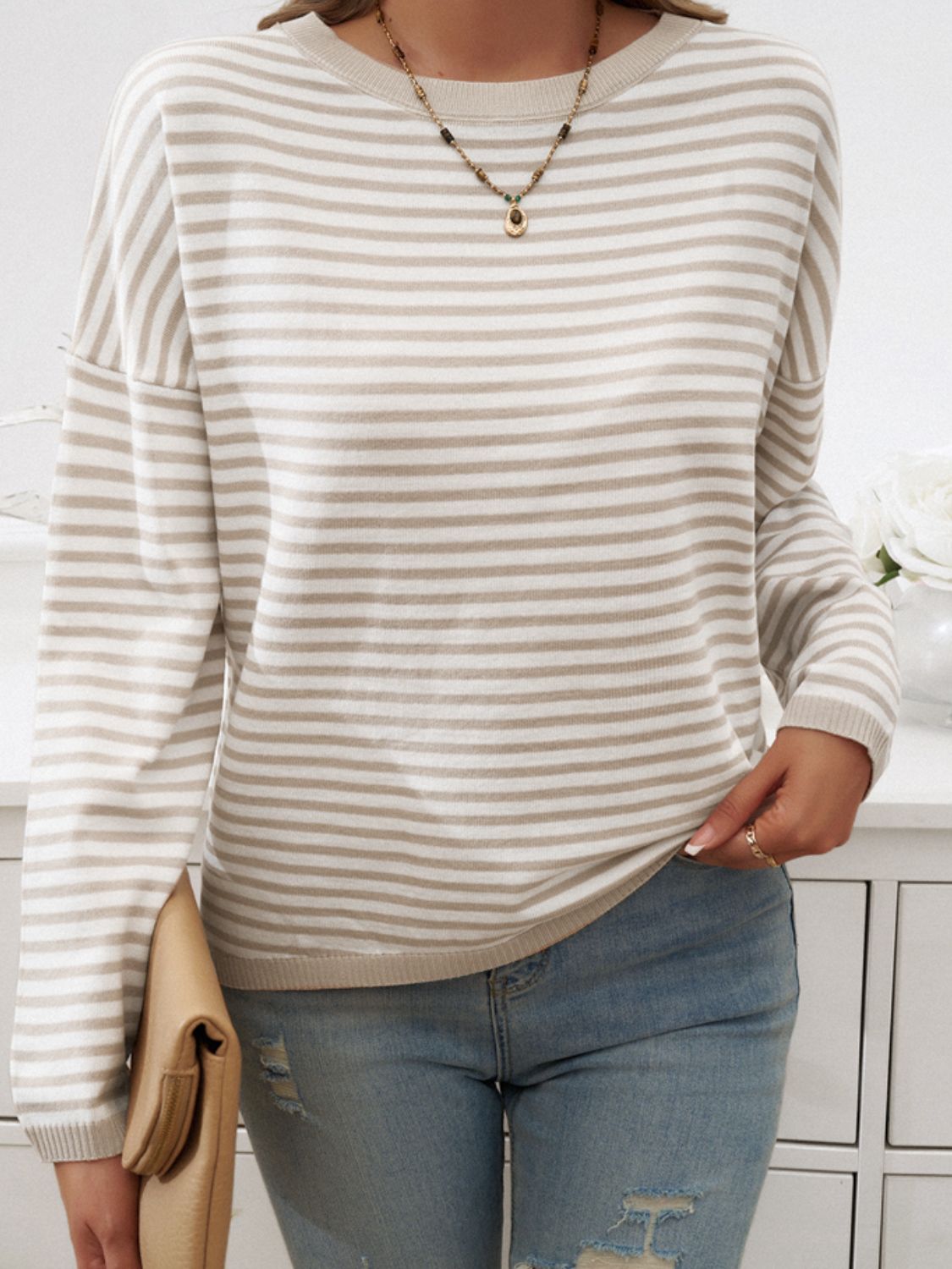 Zephariel Striped Round Neck Dropped Shoulder Sweater