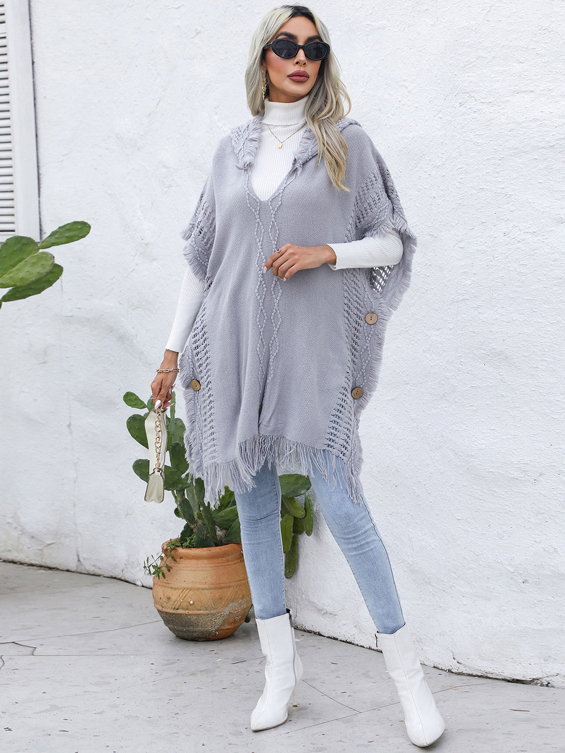 Zephariel Fringe Trim Buttoned Hooded Poncho