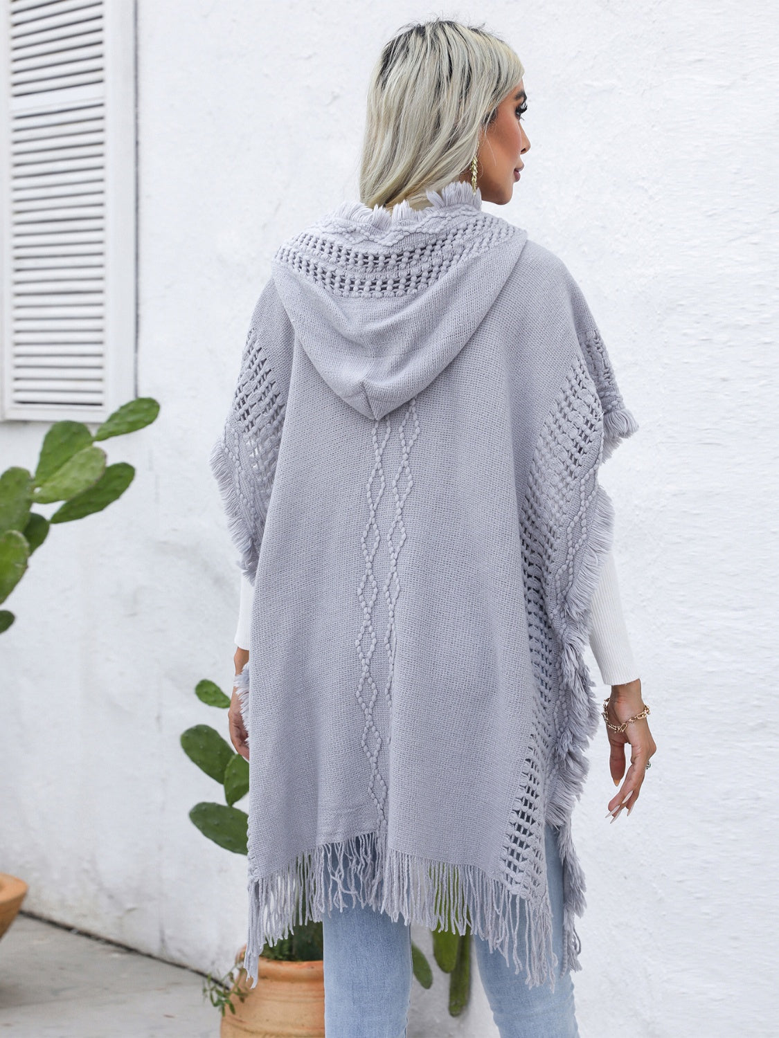 Zephariel Fringe Trim Buttoned Hooded Poncho