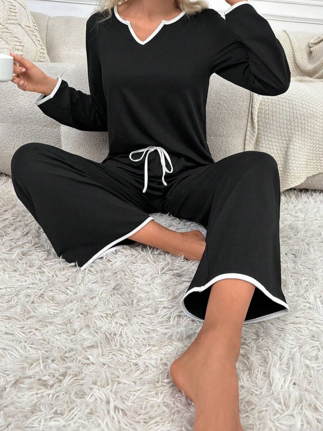 Zephariel Contrast Trim Notched Long Sleeve Top and Pants Lounge Set