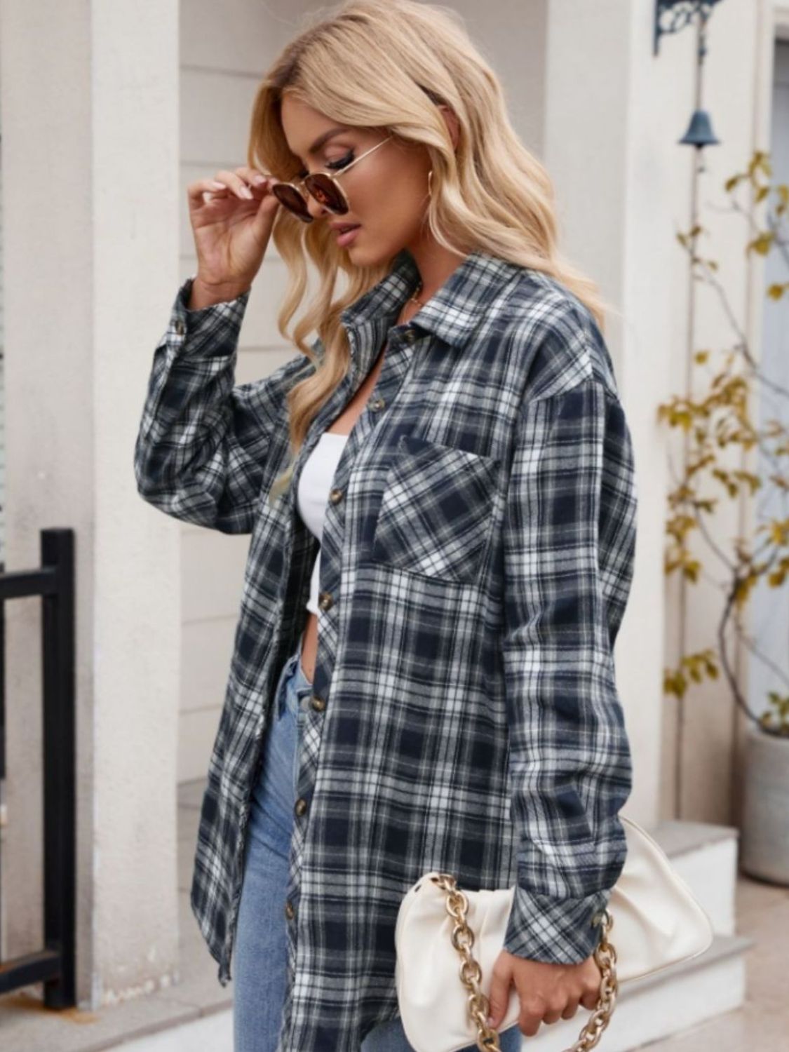 Zephariel Mandy Pocketed Plaid Collared Neck Long Sleeve Shirt