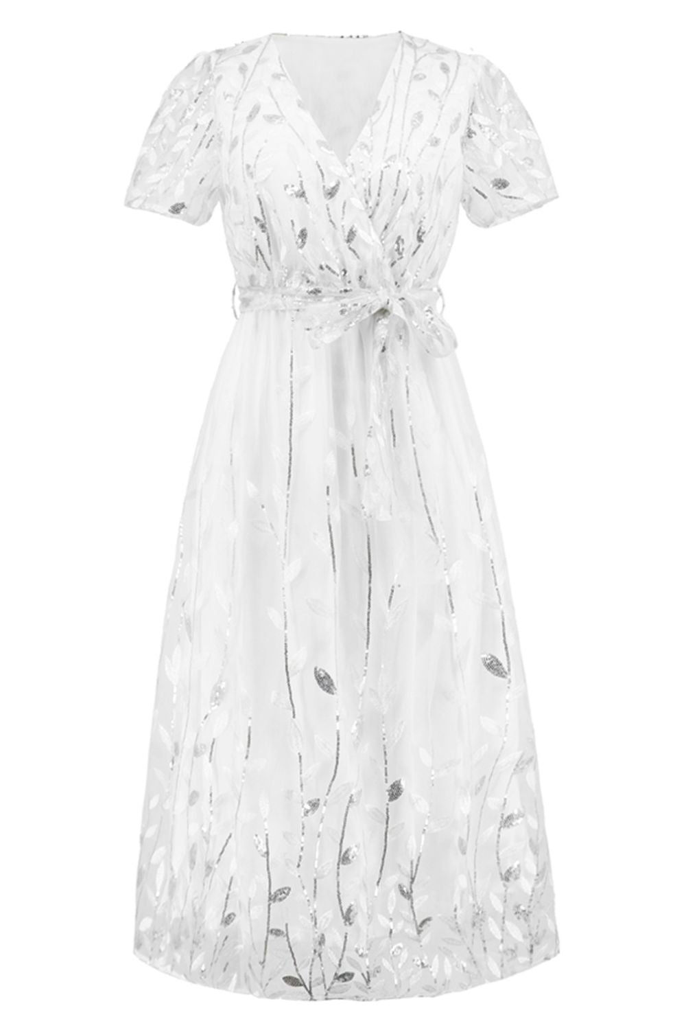 Zephariel Sequin Leaf Embroidery Tie Front Short Sleeve Dress