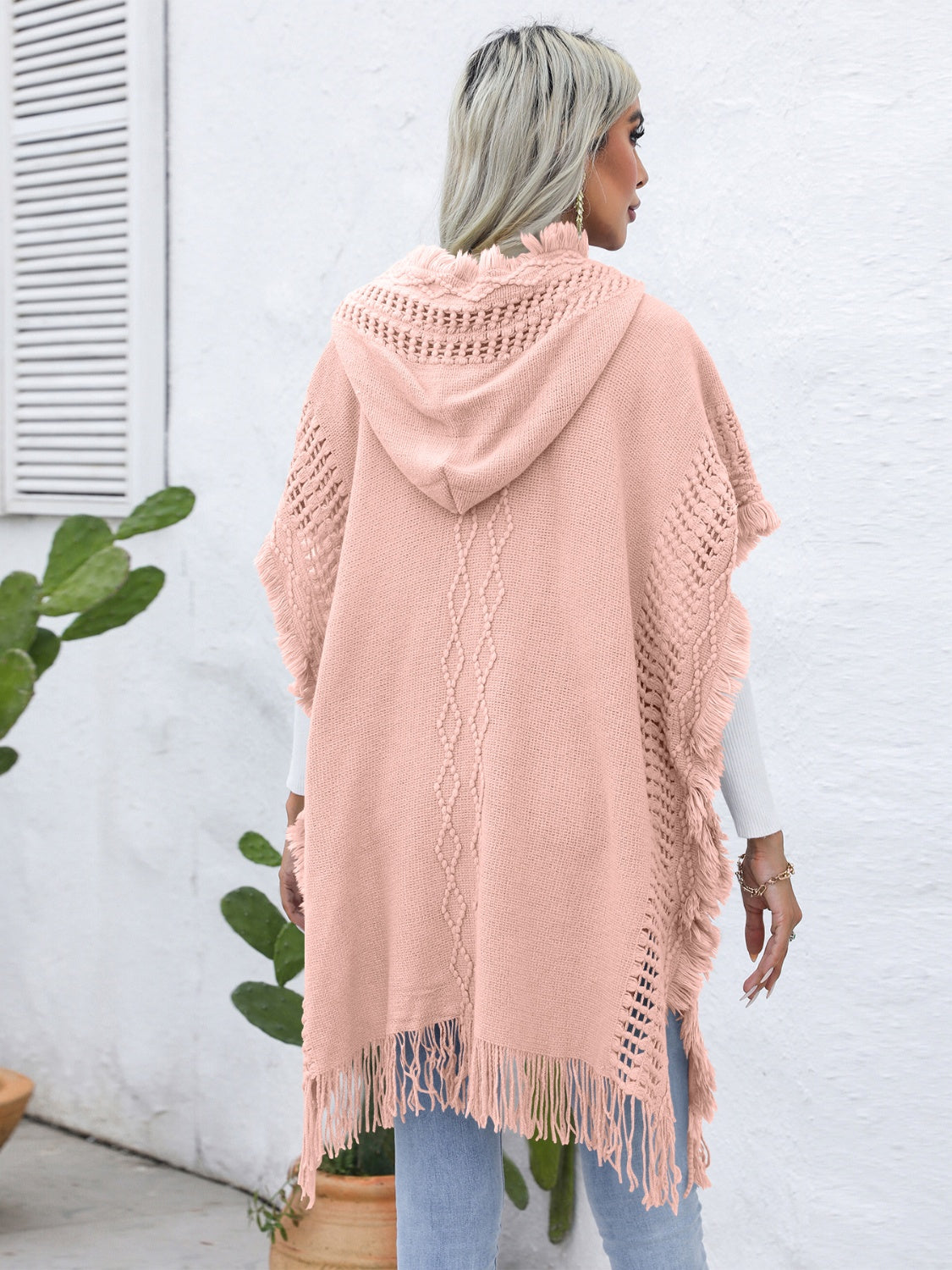 Zephariel Fringe Trim Buttoned Hooded Poncho