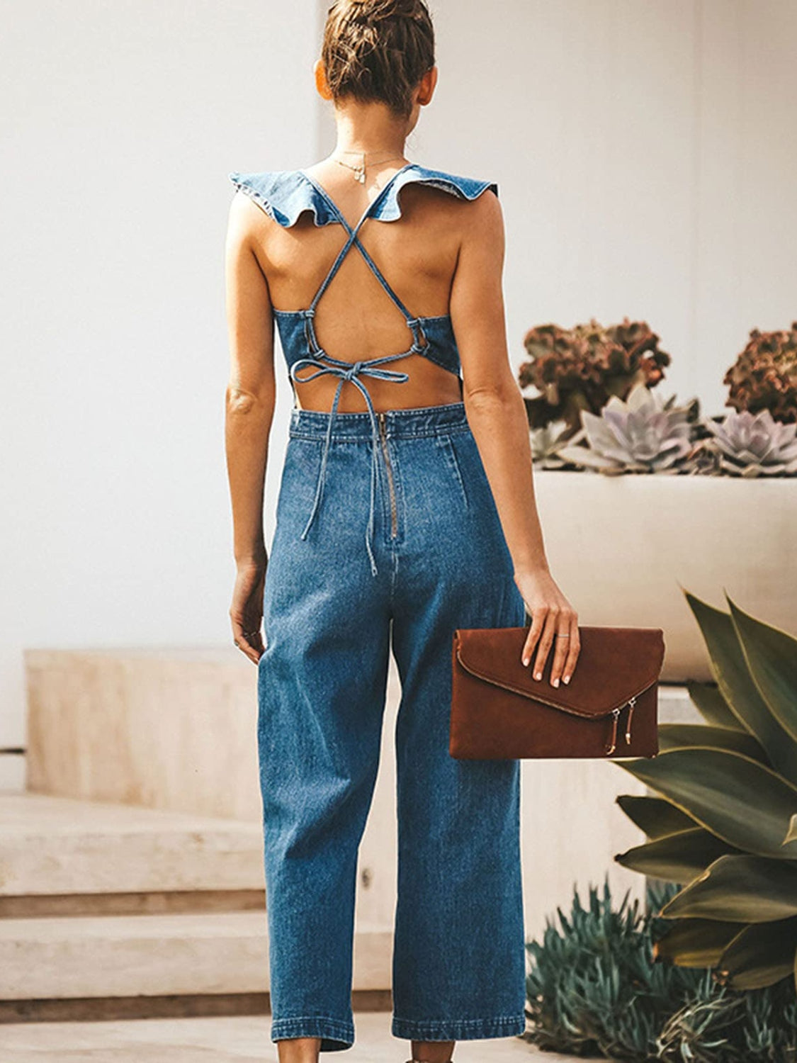 Zephariel Ruffled Backless Sleeveless Denim Jumpsuit