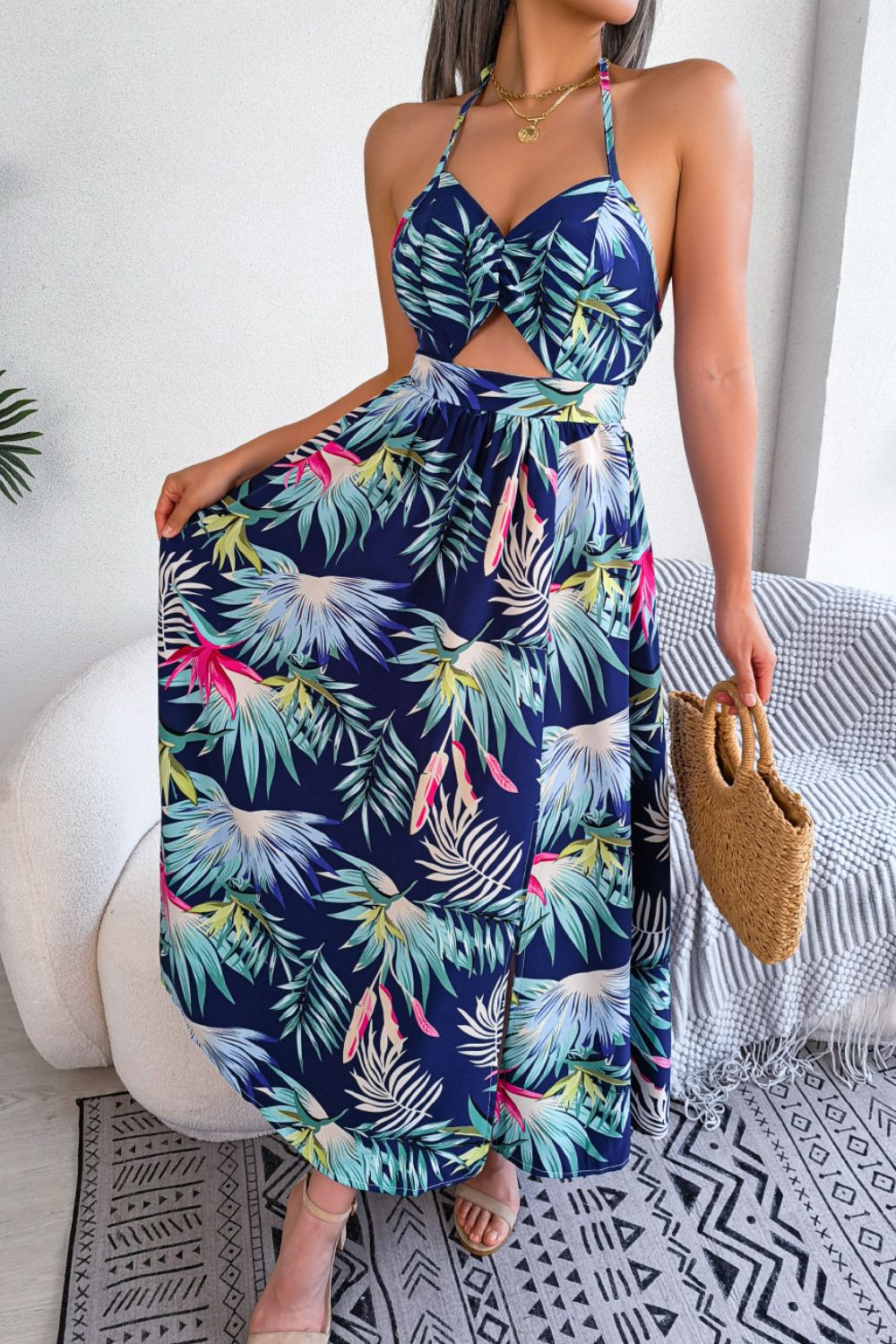 Zephariel Botanical Print Tied Backless Cutout Slit Dress