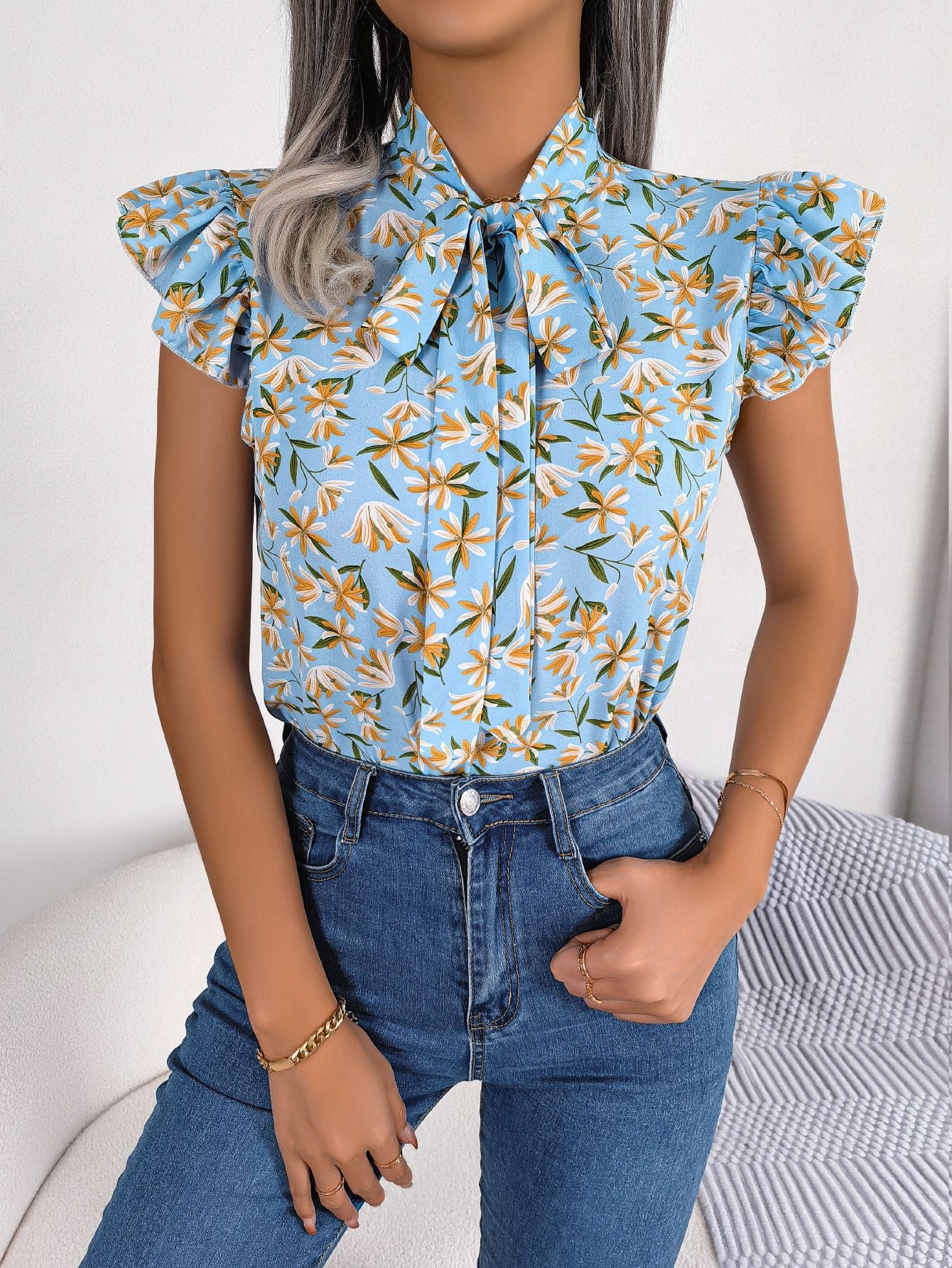 Zephariel Floral Tie Neck Flutter Sleeve Blouse