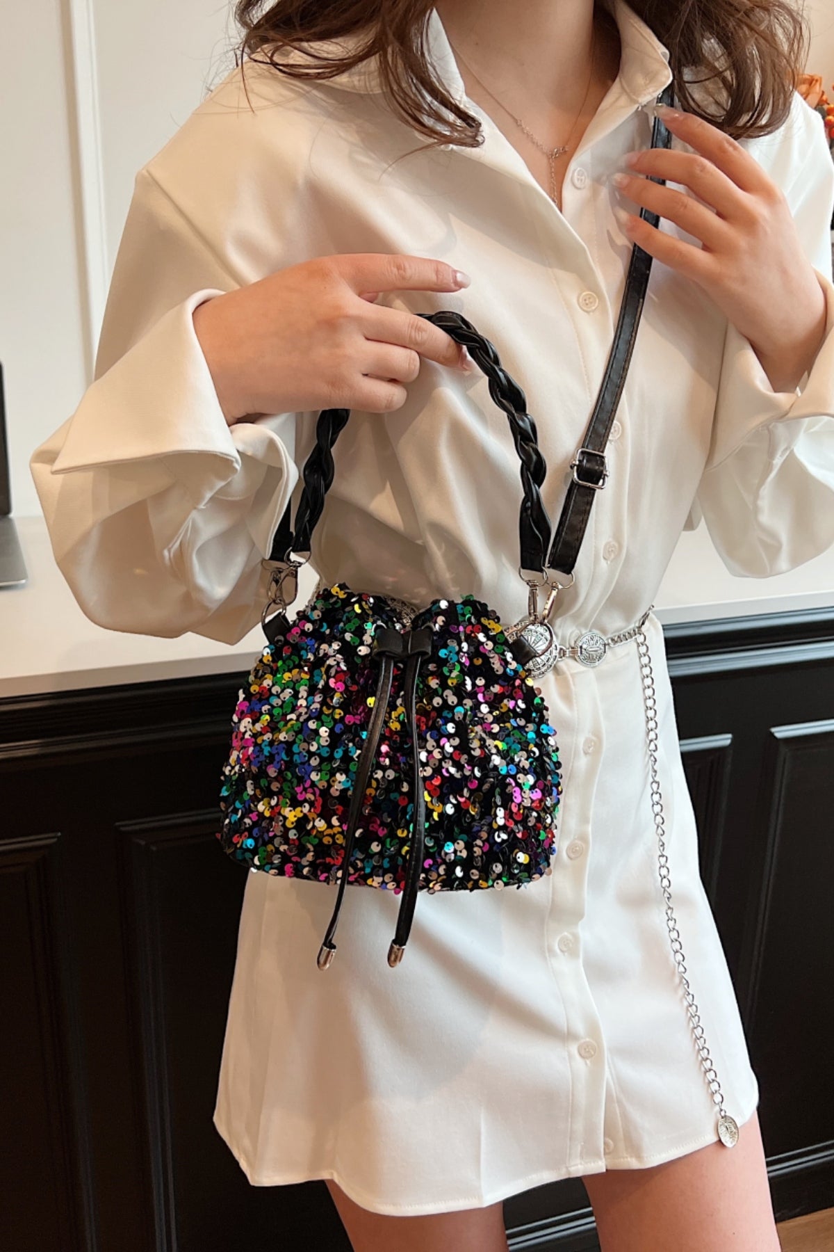 Zephariel Sequin Drawstring Bucket Bag