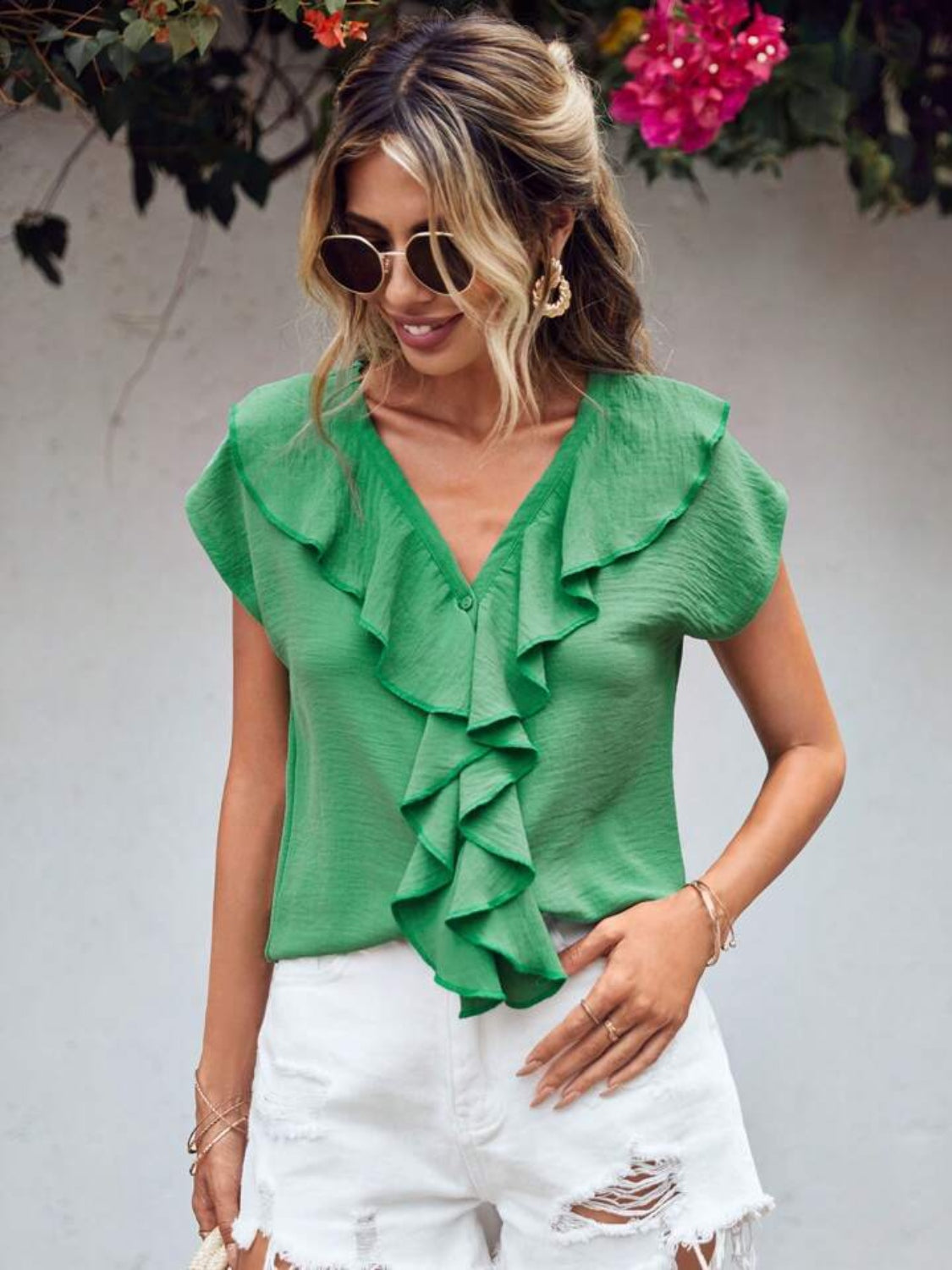 Zephariel Ruffled V-Neck Short Sleeve Blouse