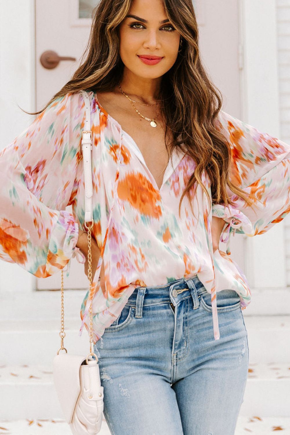 Zephariel Printed Tie Neck Long Sleeve Blouse