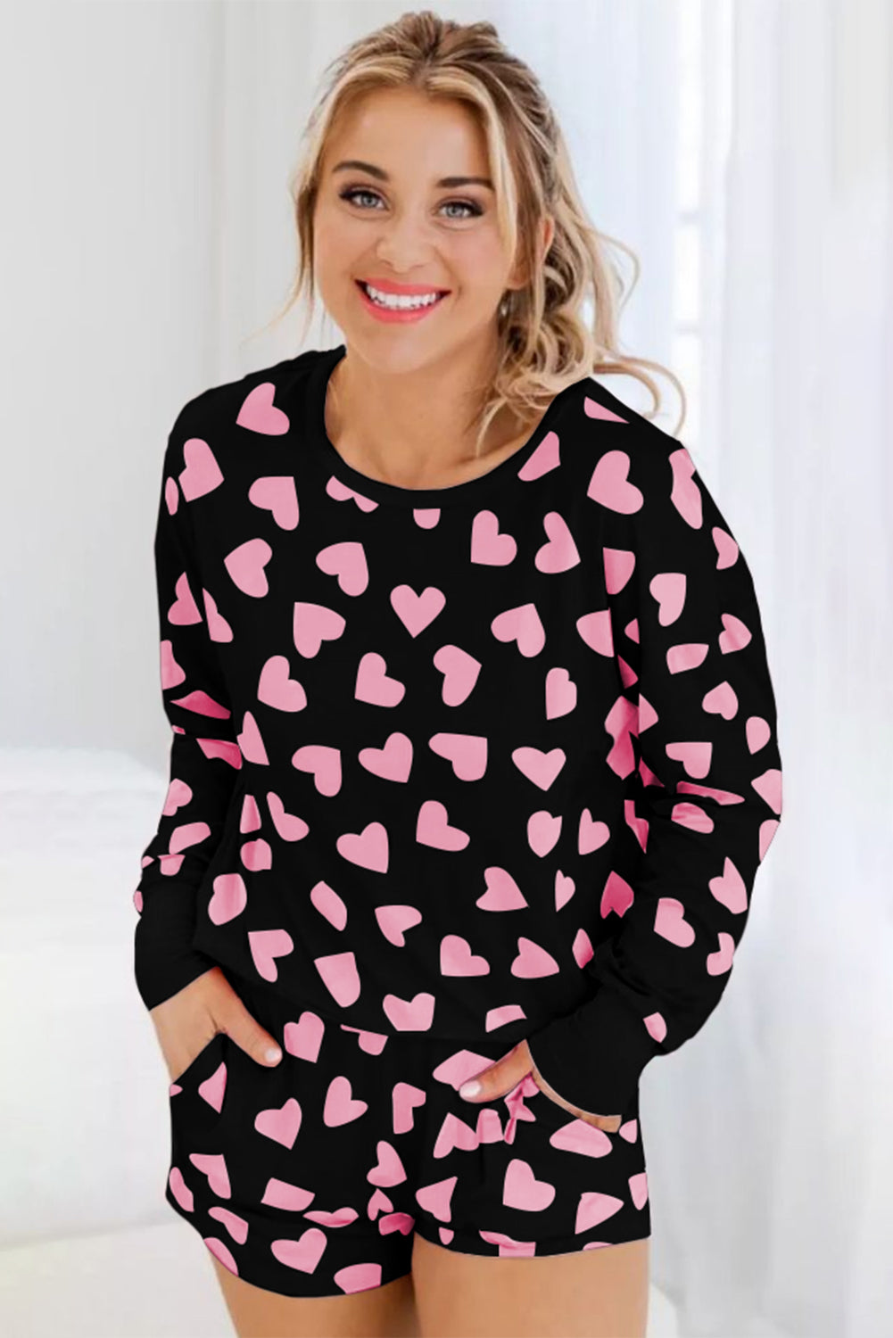 Zephariel Heart Print Long Sleeve Top and Shorts Lounge Set