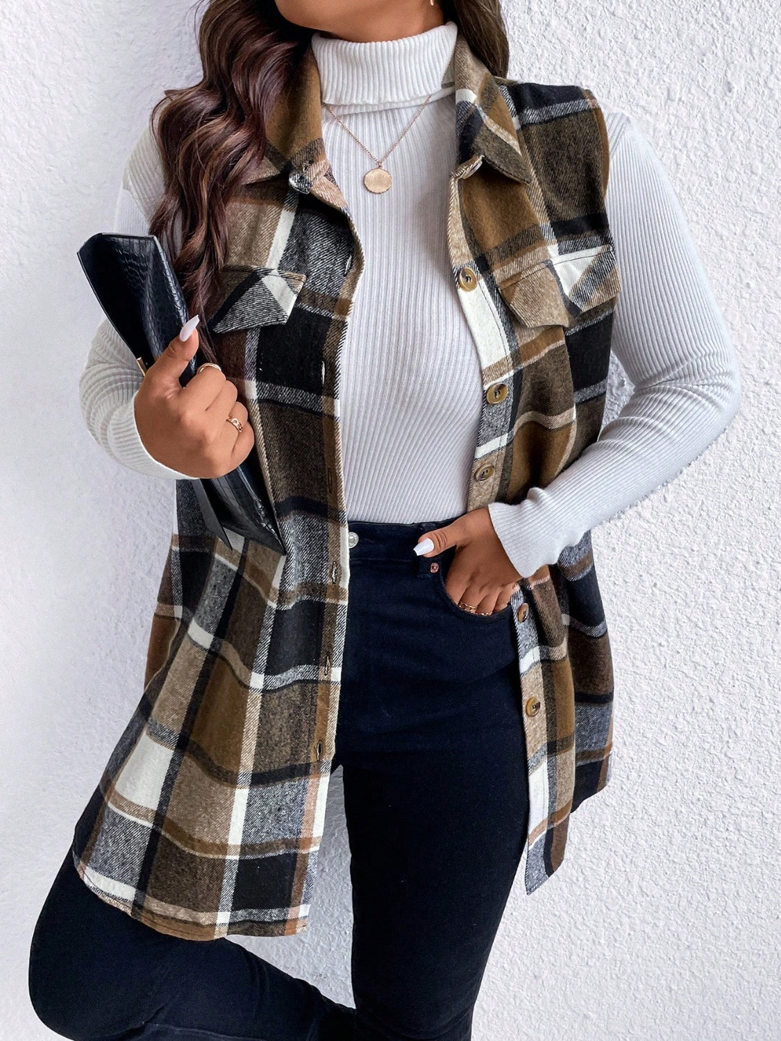 Zephariel Plus Size Pocketed Plaid Button Up Vest Coat