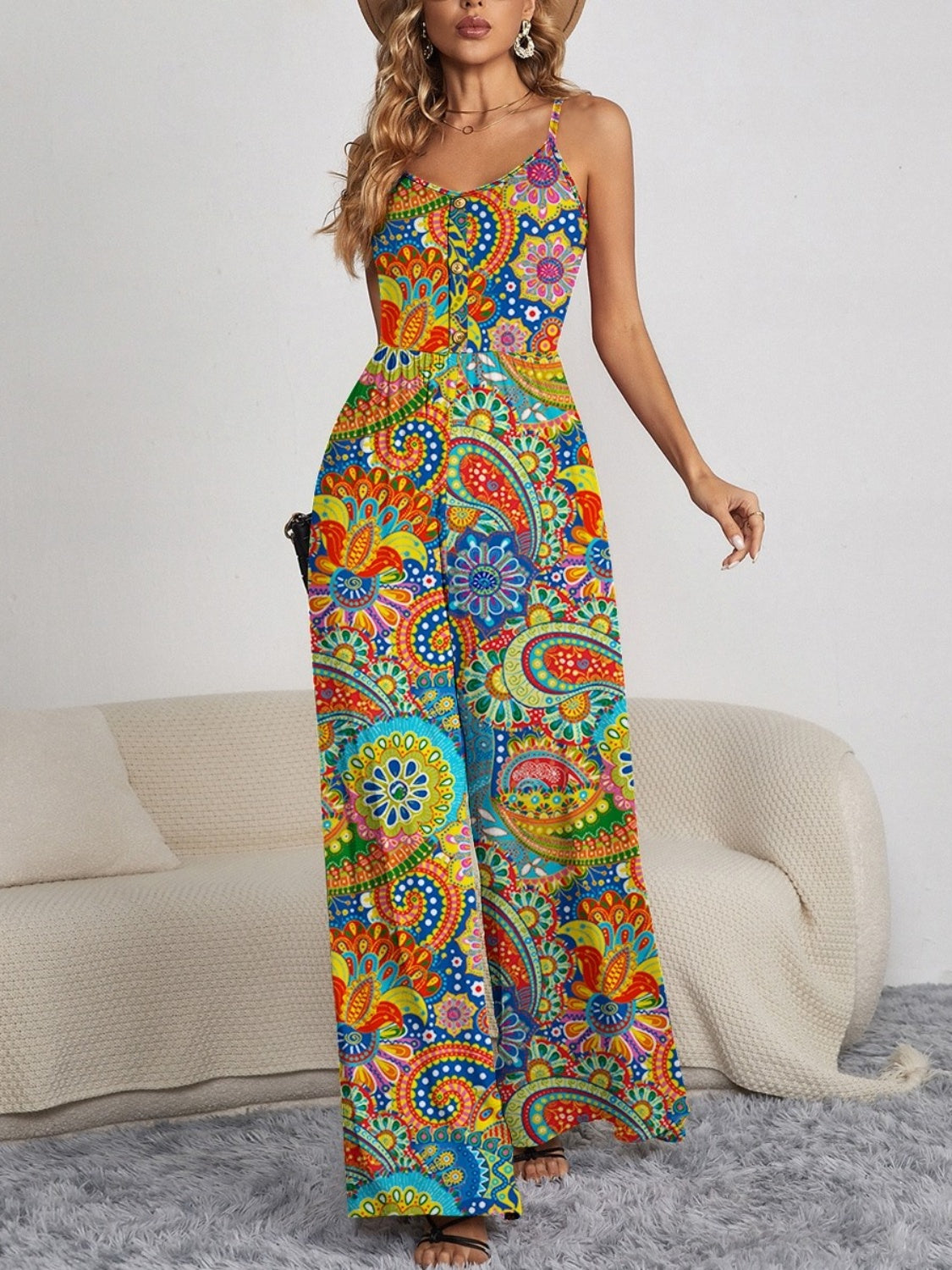 Zephariel Decorative Button Spaghetti Strap Wide Leg Jumpsuit